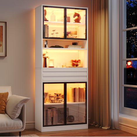 Vetrina 80x35x200 cm, 4 ante in vetro, LED RGB con app, cassetto, MDF bianco (1/5)