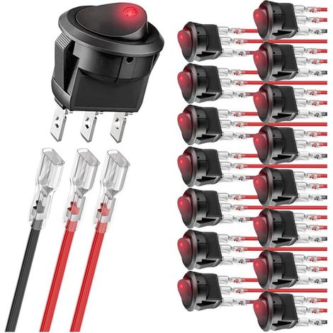 16Pcs rond Switch Rocker rouge LED 12V 20A 3Pins câblé LED Light Power On Off Switch SPST éclairé Switch, avec 48pcs verrouillé Fils de borne
