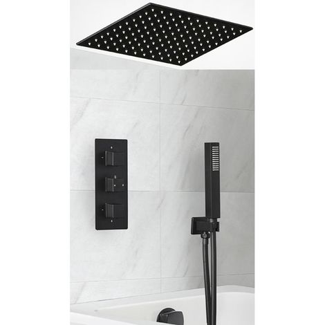 Milano Preto 3 Outlet Triple Diverter Thermostatic Mixer Valve with 400mm Ceiling Mounted Recessed Rainfall Shower Head Hand Shower Handset Kit and Overflow Bath Filler Tap