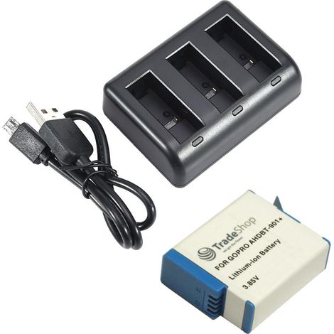 Akku + 3-fach Ladegerät für GoPro Hero9 Hero10 Hero11 - ersetzt AHDBT-901 ADBAT-001 / Ladestation mit Micro-USB Kabel (1/3)