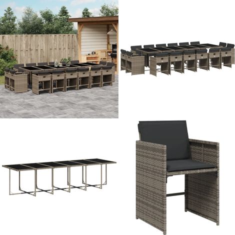 Set da Pranzo da Giardino 17pz con Cuscini Grigio in Polyrattan - Sedie da giardino - Tavolo da giardino