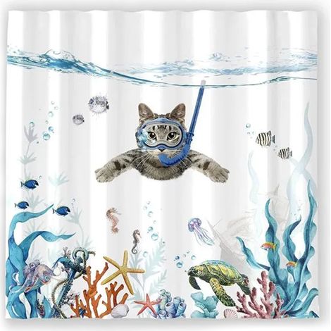 Rideau De Douche - 180x180 Cm - Polyester Imperméable Anti-moisissure - Ourlet Lesté - Motif Chat Nageur - 1 Pièce
