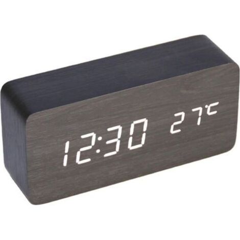 Horloge numérique multifonctionnelle en bois avec alarme LED, commande vocale, idéale pour la maison, lumière blanche, bois noir (1/5)