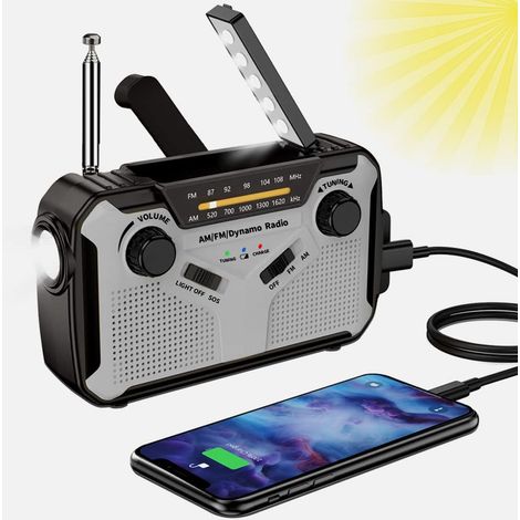 Radio solaire, radio portable AM/FM à manivelle, radio d'urgence à dynamo avec batterie rechargeable de 4000 mAh, lampe torche LED, alarme SOS pour le camping, les activités de plein air et les situat (1/5)