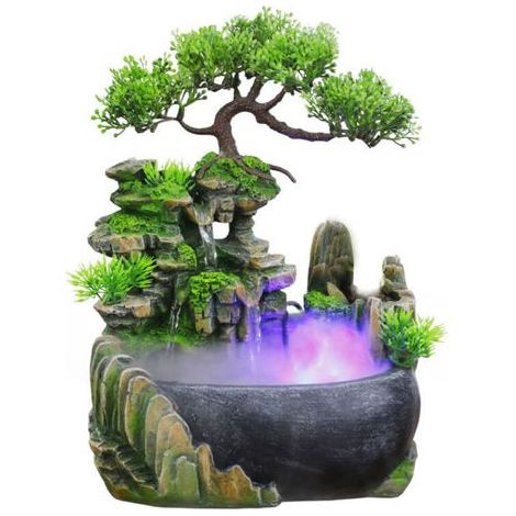 Fontaine d'intérieur avec Eclairage Plantes et Pierres Décoratives Fontaine Décorative d'intérieur Fontaine Zen de Table avec Lumière LED Fontaine Feng Shui pour Maison, Bureau (1/4)