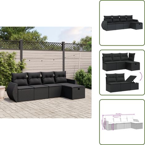 The Living Store Salon de jardin 5 pcs avec coussins noir résine tressée - Ensemble Salon De Jardin - Mobilier Extérieur - Canapé Jardin - Chaise Lounge - Set Salon