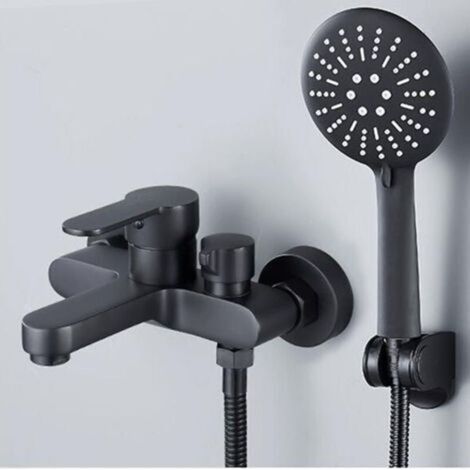 Mitigeur Baignoire Noir avec Douchette 3 Jets - Robinet Douche Mural - Monocommande pour Bain avec Support et Flexible (1/4)