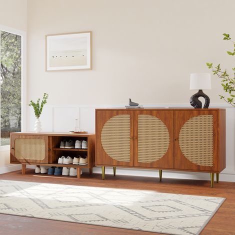 MEUBLIV Ensemble de rangement en rotin coloris noyer – commode 3 portes et meuble à chaussures (1/5)