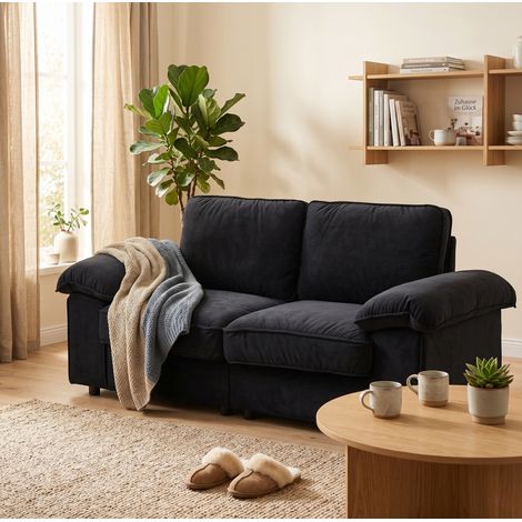 Divano 2 posti in tessuto nero con contenitore integrato e struttura in legno massello e MDF (1/5)