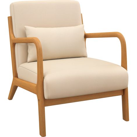 HOMCOM butaca de salón nórdica sillón individual acolchado con reposabrazos cojín y marco de madera de caucho para dormitorio carga 120 kg 61x78x76 cm (1/5)