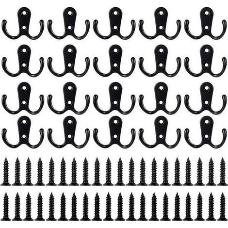 20 robuste Doppelgabelhaken mit 40 Schrauben, Mehrzweck-Wandhaken, Vintage-Metallhaken, geeignet zum Aufhängen von Mänteln, Taschen, Schals, Handtüchern, Hüten, Schlüsseln, Tassen (schwarz).