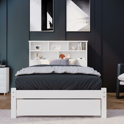 lit adulte simple tiroirs tete etagere 90x200 blanc OKMYHOME (1/5)
