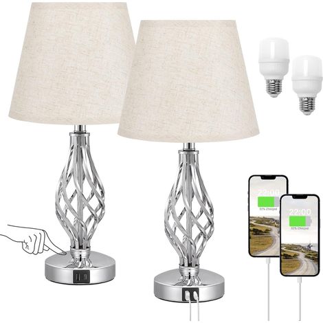 Lot de 2 lampes de chevet tactiles avec ports de charge Type-C et USB-A,  2 ampoules incluses, abat-jour en lin beige, lampe de table moderne pour chambre, salon et hôtel [Classe énergétique F] (1/5)
