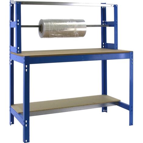 SimonRack Banco da Imballaggio con Barra Porta-Rotoli – Portata 600 kg – 1445x1510x760 mm – Tavolo da Lavoro Fai da Te – Blu/Legno – BT-4