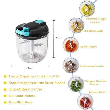 Hachoir manuel multifonctionnel, robot de cuisine, trancheuse à ail manuelle portable avec levier pour légumes, gingembre, fruits, noix, etc. Usage en cuisine (900 ml - gris et bleu) (1/5)