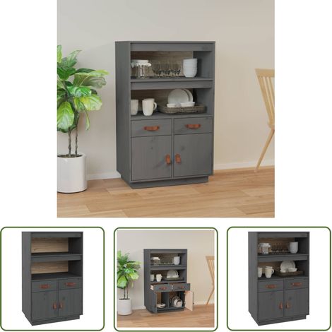 The Living Store Buffet haut Gris 67x40x108,5 cm Bois massif de pin - Buffet - Meuble De Rangement - Armoire - Commode - Bois Massif (1/5)