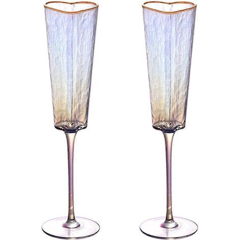 1 paire de flûtes à champagne décoratives à pied haut, bordées d'or et en forme de cœur (1/4)
