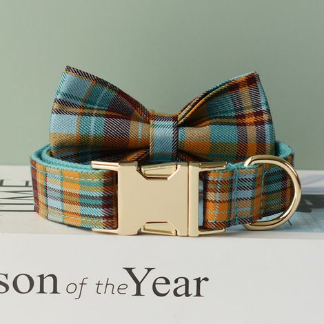 Collier pour chien plaid S + nœud papillon vert ajustable en tissu avec boucle Velcro et anneau D (1/2)
