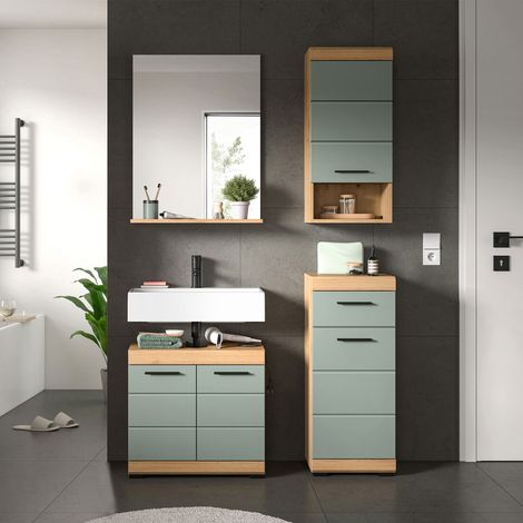 Ensemble 3 meubles salle de bain + miroir chêne brun et kaki - OLBO