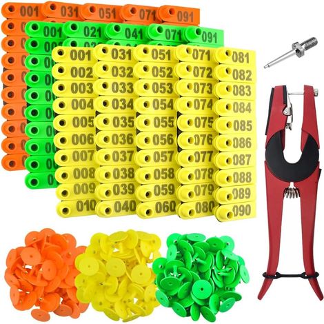 Lot de 300 Plastique Bétail d'oreille Tag Animal Tags Bleu Jaune Orange Vert et 1 Pcs Oreille Tag Applicateur pour chèvre Mouton Pig (1/5)