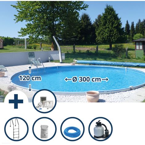 Stahlwandpool Set rund Brasilia 300x120 cm, Stahl 0,6 mm weiß, Folie 0,6 mm blau, Einhängebiese (1/5)