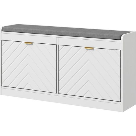 Banc de rangement à assise rembourrée blanc 106x24x52,5 cm avec tiroir abattant et porte décorative (1/5)