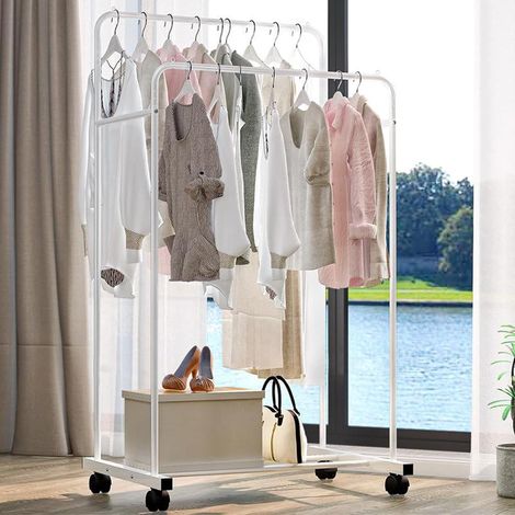 Stand Appendiabiti da terra Attaccapanni abiti in Metallo con ruote Bianco Armadio Aperto Canne Doppie - 80x51x155cm (1/5)