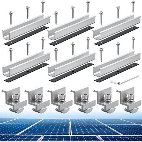 Kit de Fixation en Aluminium pour Panneaux Solaires  6 Rails Courts de 200mm, 6 Pinces d'Extrémité en Z, pour 30/35mm Solaires Panneaux Montés sur le Toit Plat, Argent (1/5)