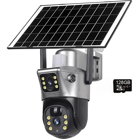 Caméra Solaire WiFi 4K 4MP, Double Objectif, Double écran, CCTV, détection Humaine PIR, Vision Nocturne, Surveillance à Batterie(WiFi Cam 128GB Card) (1/5)