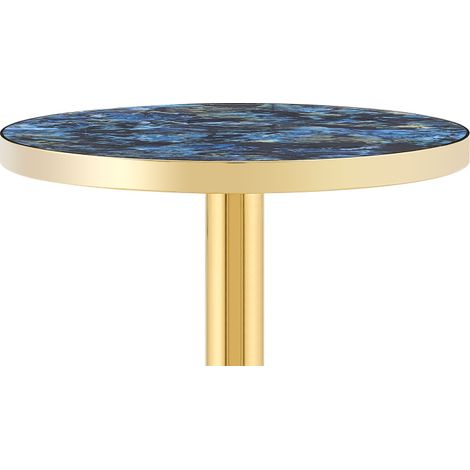 Mesa auxiliar redonda azul con efecto mármol y estructura metálica dorada (1/5)