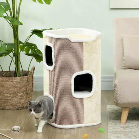 Griffoir pour chat, arbre à chat, 3 niveaux, robuste, peluche douce, refuge, beige (1/5)