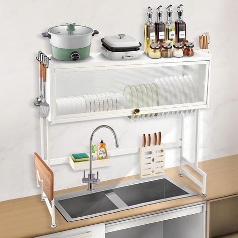 Égouttoir à vaisselle à 2 étages au-dessus de l'évier - Grand organisateur d'évier en acier inoxydable - 65cm - Blanc (1/5)