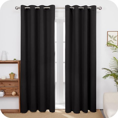 QAZQA Paire de Rideau Occultant Tenir Chaud Anti Froid Thermique Isolants a Oeillets Rideaux Chambre Salon 2 Pièces 140x240cm Noir (1/5)