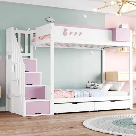 Litera 90x200 cm motivos conejo y zanahoria estante extraíble almacenamiento madera color blanco+rosa (Sin colchón)