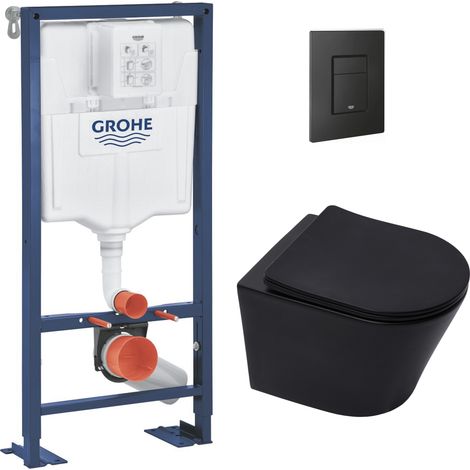 Grohe Pack WC Bâti Solido + WC sans bride SAT Noir mat + Abattant frein de chute + Plaque noir mat (AUTOPORTANT-BLACKINFINITIO-KF0)