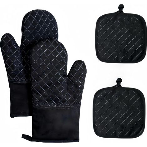 Juego de 4 guantes de horno y rejillas para hornear, resistentes al calor hasta 260 °C, superficie de silicona antideslizante para hornear y cocinar (negro). (1/4)
