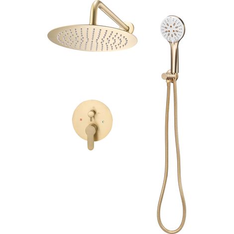 Mophorn Duscharmatur Regenduschsystem fürs Badezimmer mit 254 mm rundem Regenduschkopf & Handbrause, wandmontiertes Duschsystem mit langlebigem Messingventil & Zierset, gebürstetes Gold
