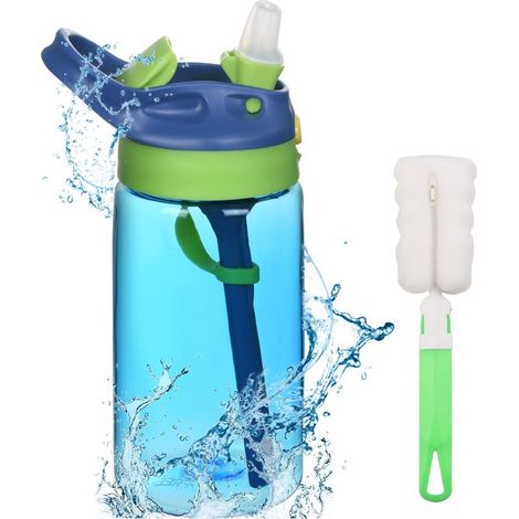 Gourde Enfants, 480ml Boîteille d'eau Enfant avec Paille sans BPA, étanches Portable Coupes pour Garçon Fille pour Maison école Maternelle Activités Extérieure Sport Excursions(Bleu)-Fei Yu (1/5)