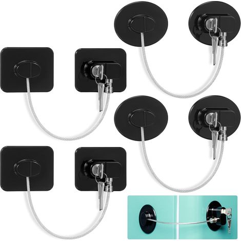Lot de 4 verrous de sécurité, adhésif robuste, câble acier 4mm, pour réfrigérateur, congélateur, placards, tiroirs (1/5)