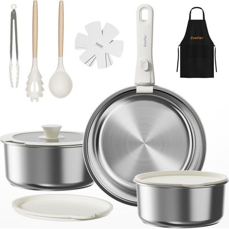 Edelstahl Topfset 14-teilig, abnehmbarer Griff, stapelbar, Induktion, silber