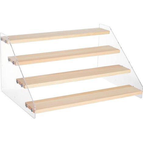 Estantería expositora de cuatro niveles, fabricada en acrílico y madera, ideal para artesanías y exposiciones. (1/5)