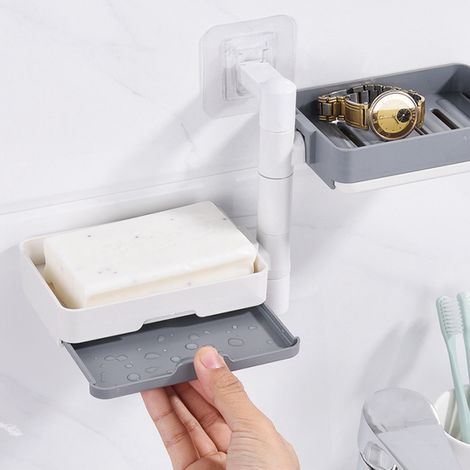 Porte-savon mural rotatif à 3 niveaux en HIPS, sans perçage, blanc et gris assortis. (1/5)