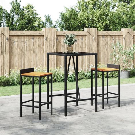 3-tlg. Gartenbar-Set Schwarz Poly Rattan & Massivholz Akazie (1/5)