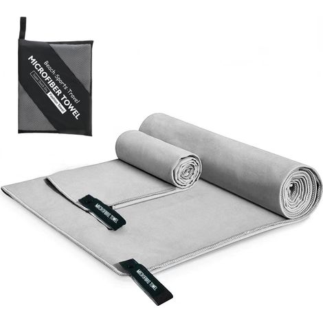 Ensemble de 2 serviettes de sport en microfibre double face, gris foncé, avec housse zippée (1/5)