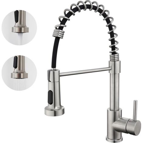 360° drehbare Küchenarmatur mit 3-Strahl-Ausziehbrause aus Edelstahl, Spültischarmatur, Oberfläche in gebürstetem Chrom (1/5)