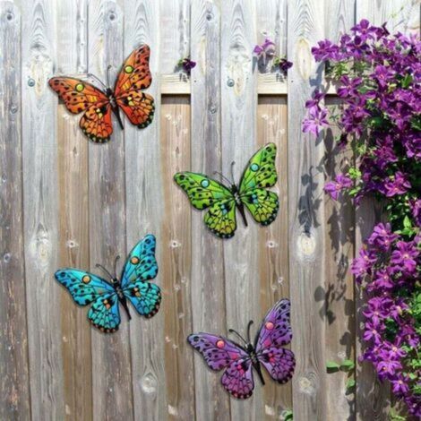 Décoration murale papillon en métal - 24,4 cm (9,6 pouces) - Décoration murale extérieure, convient aux jardins, patios, salons, chambres, terrasses et balcons (ensemble de 4 pièces) (1/3)