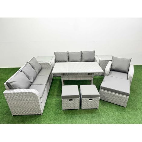 Fimous 10 Seater Poly Rattan Outdoor Garden Furniture Rectangular Dining Table Sofa Set Patio 3 Seater Sofa Reclining Chair 3 Seater Sofa 3 Stools 2 Side Table Light Grey (1/4)