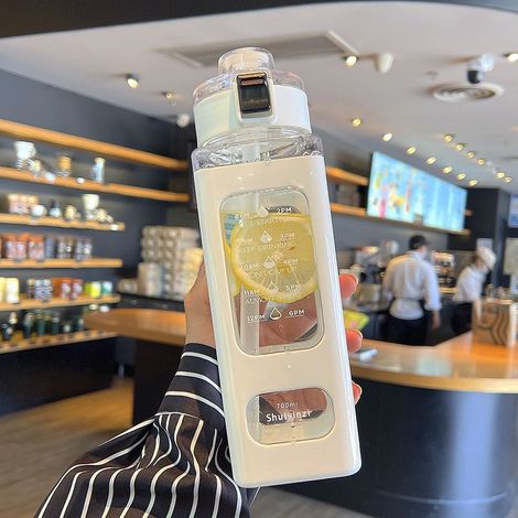 Bouteille d'Eau de Sport 700ml avec Marqueur de Temps et Paille, Réutilisable et Motivationnelle de 24oz avec Boucle de Transport, pour Gym et Yoga (Blanc) (1/5)