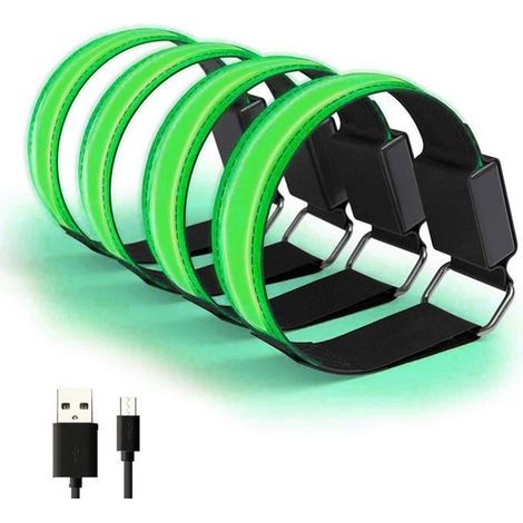Lot de 4 Brassard réfléchissant LED Lumineux Rechargeable USB Réglable pour Courir Cyclisme Sports, Vert