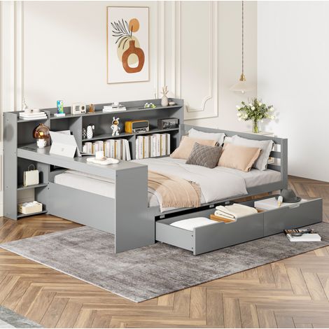 Bett Schlafsofa Stauraum 140x200 Holz Grau OKMYHOME (1/5)